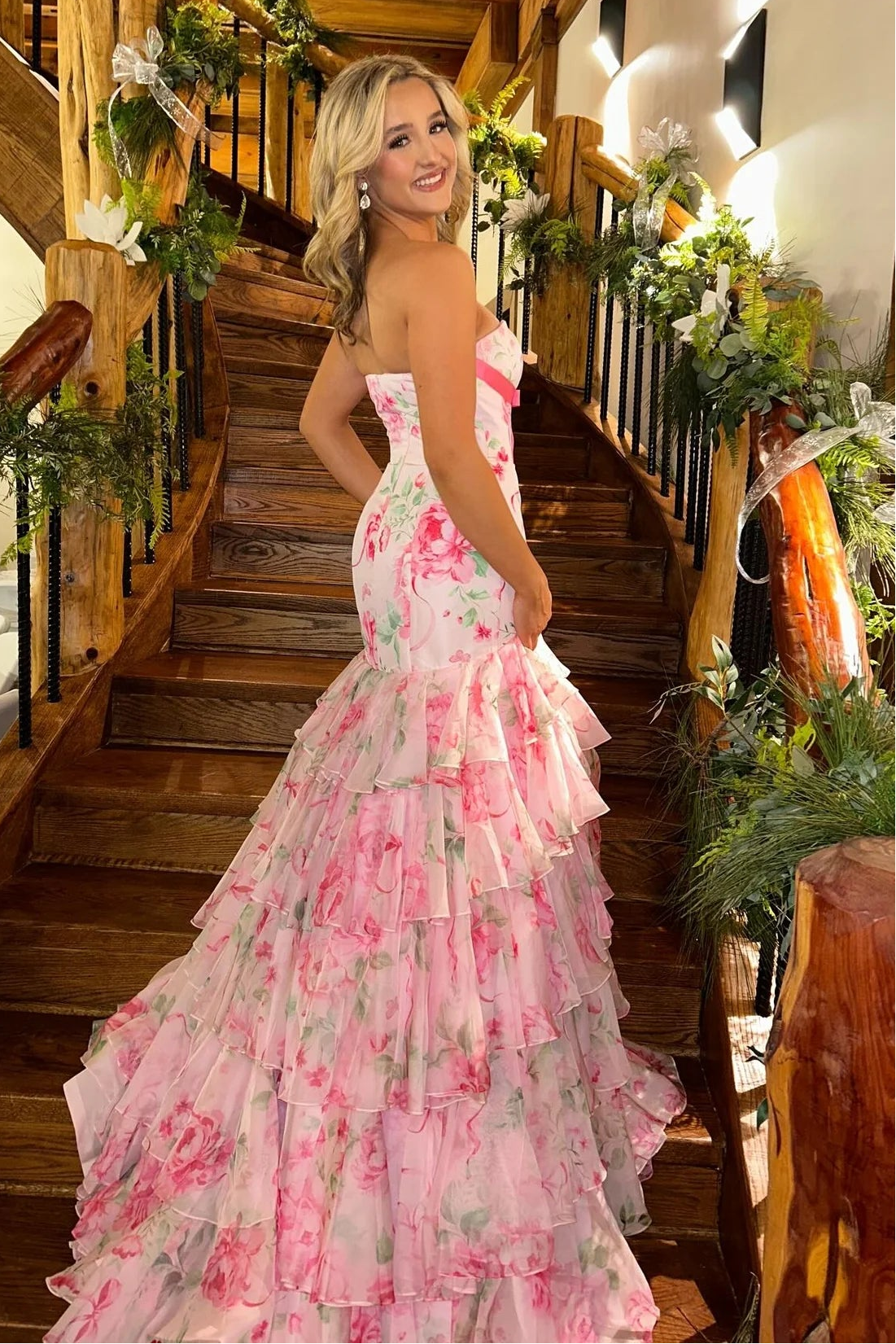 Bateau Strapless Mermaid Chiffon Tiered Floral Prom Dress