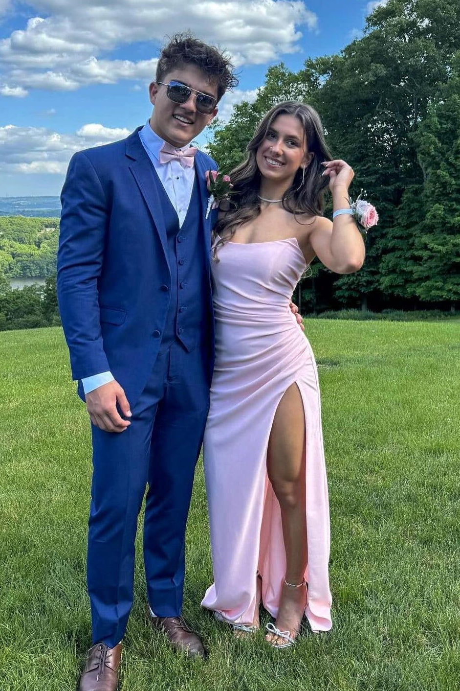 Bateau Strapless Pleated Empire Fitted Party Prom Dress With Slit 