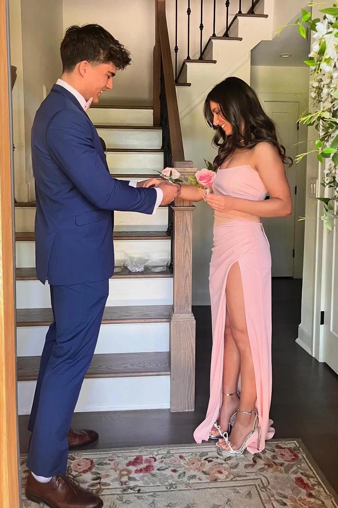 Bateau Strapless Pleated Empire Fitted Party Prom Dress With Slit 