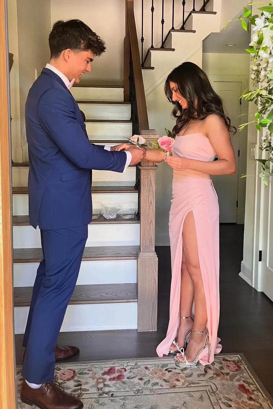 Bateau Strapless Pleated Empire Fitted Party Prom Dress With Slit 