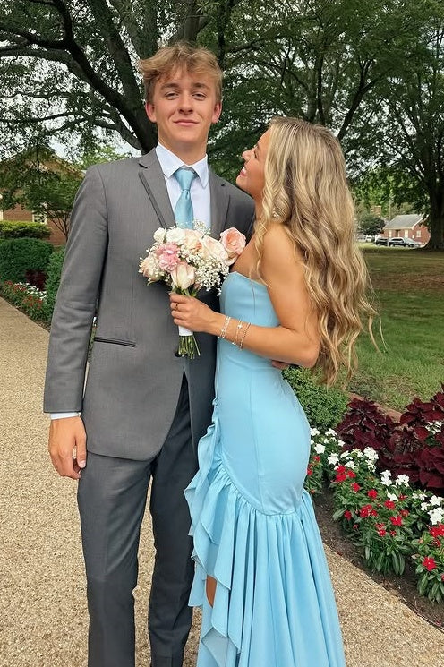 Bateau Strapless Ruffle A-Line Light Blue Party Prom Dress