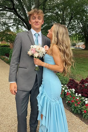 Bateau Strapless Ruffle A-Line Light Blue Party Prom Dress