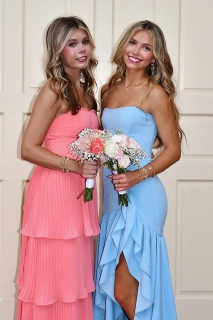 Bateau Strapless Ruffle A-Line Light Blue Party Prom Dress