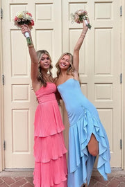 Bateau Strapless Ruffle A-Line Light Blue Party Prom Dress