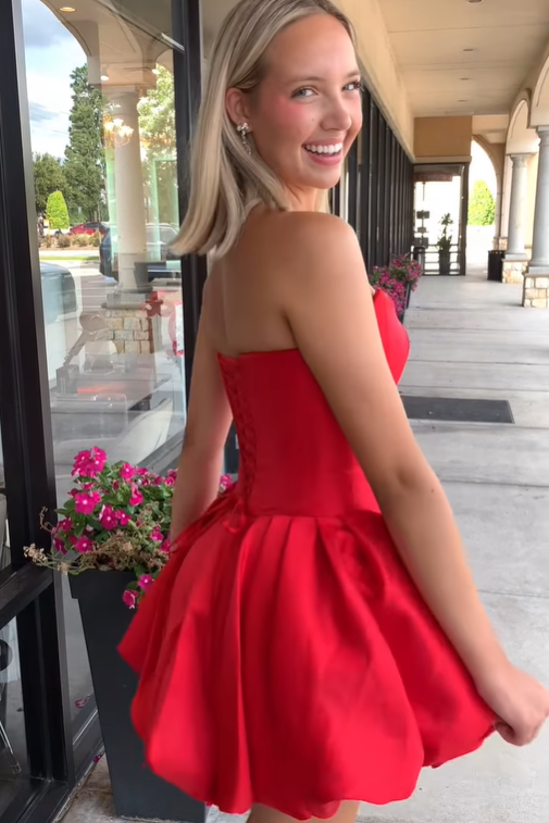 Bateau Strapless Satin A-Line Floral Homecoming Dress