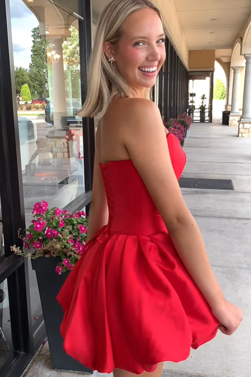 Bateau Strapless Satin A-Line Floral Homecoming Dress