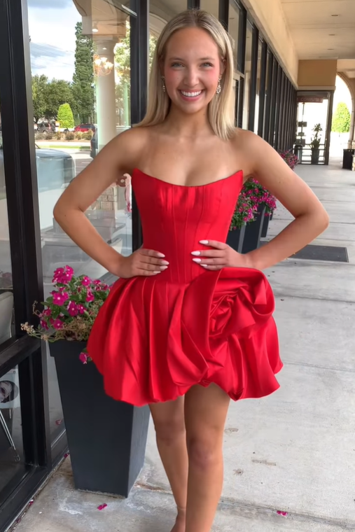 Bateau Strapless Satin A-Line Floral Homecoming Dress