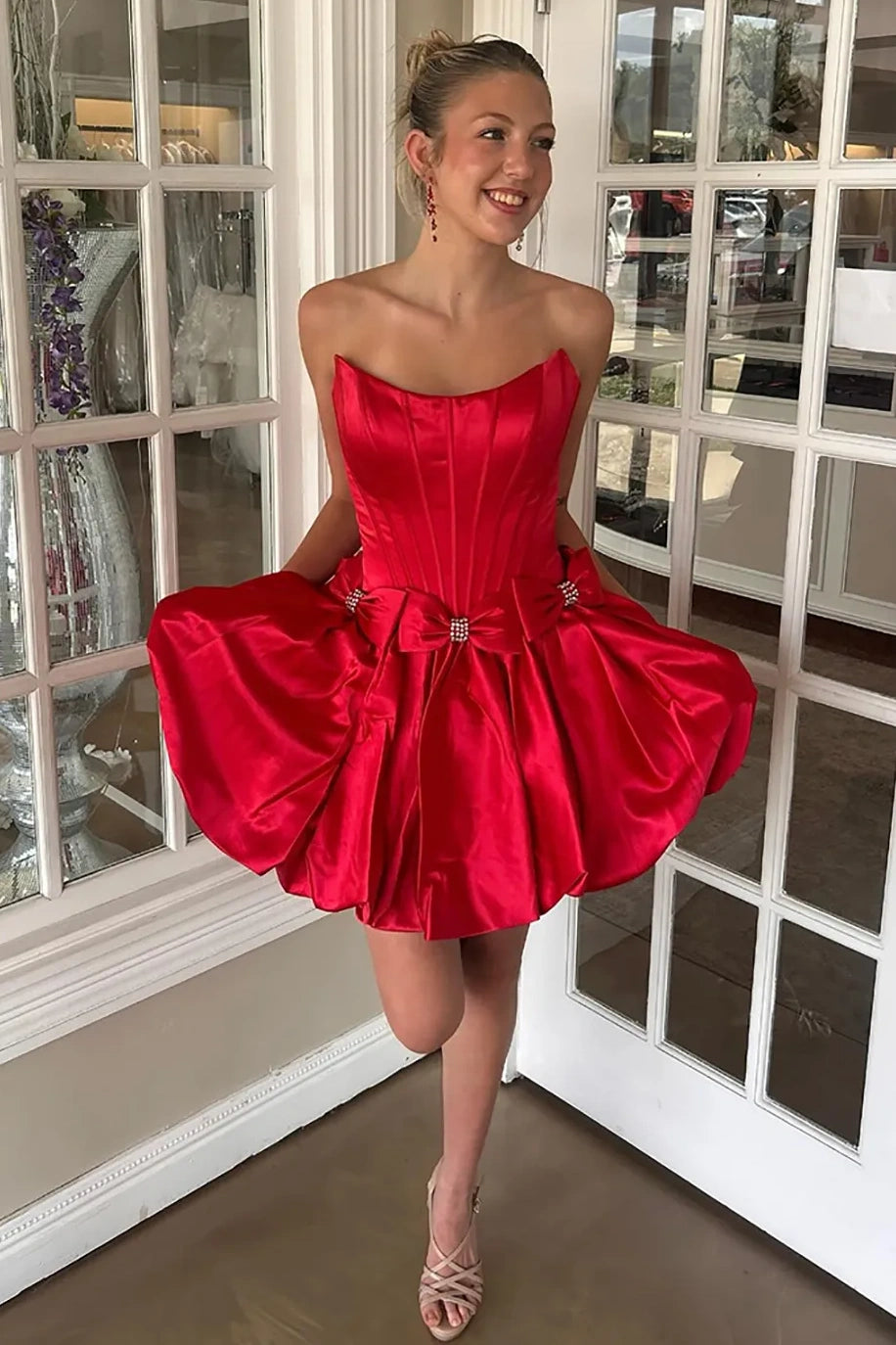 Bateau Strapless Satin A-Line Homecoming Dress With Bows