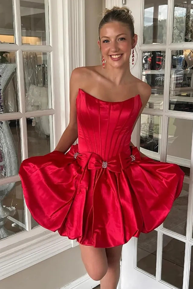 Bateau Strapless Satin A-Line Homecoming Dress With Bows