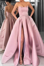 Bateau Strapless Satin A-Line Prom Party Dress With Slit