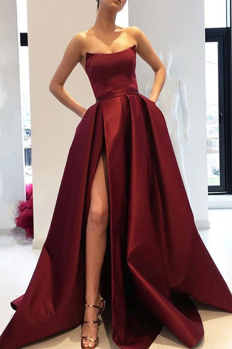 Bateau Strapless Satin A-Line Prom Party Dress With Slit