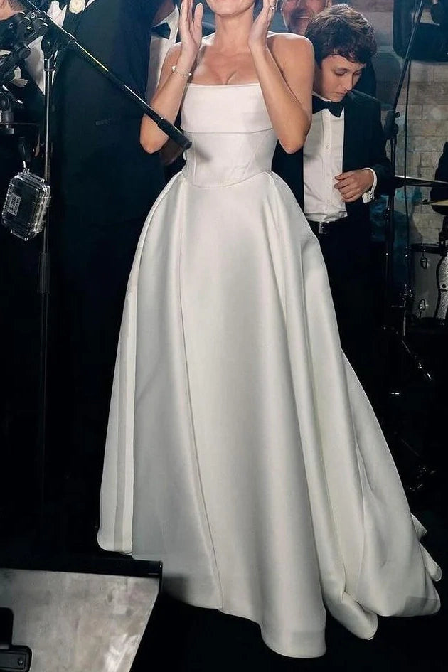 Bateau Strapless Satin A-Line with Train Wedding Dress White / US 14 Bateau Strapless Satin A-Line with Train Wedding Dress White / US 14