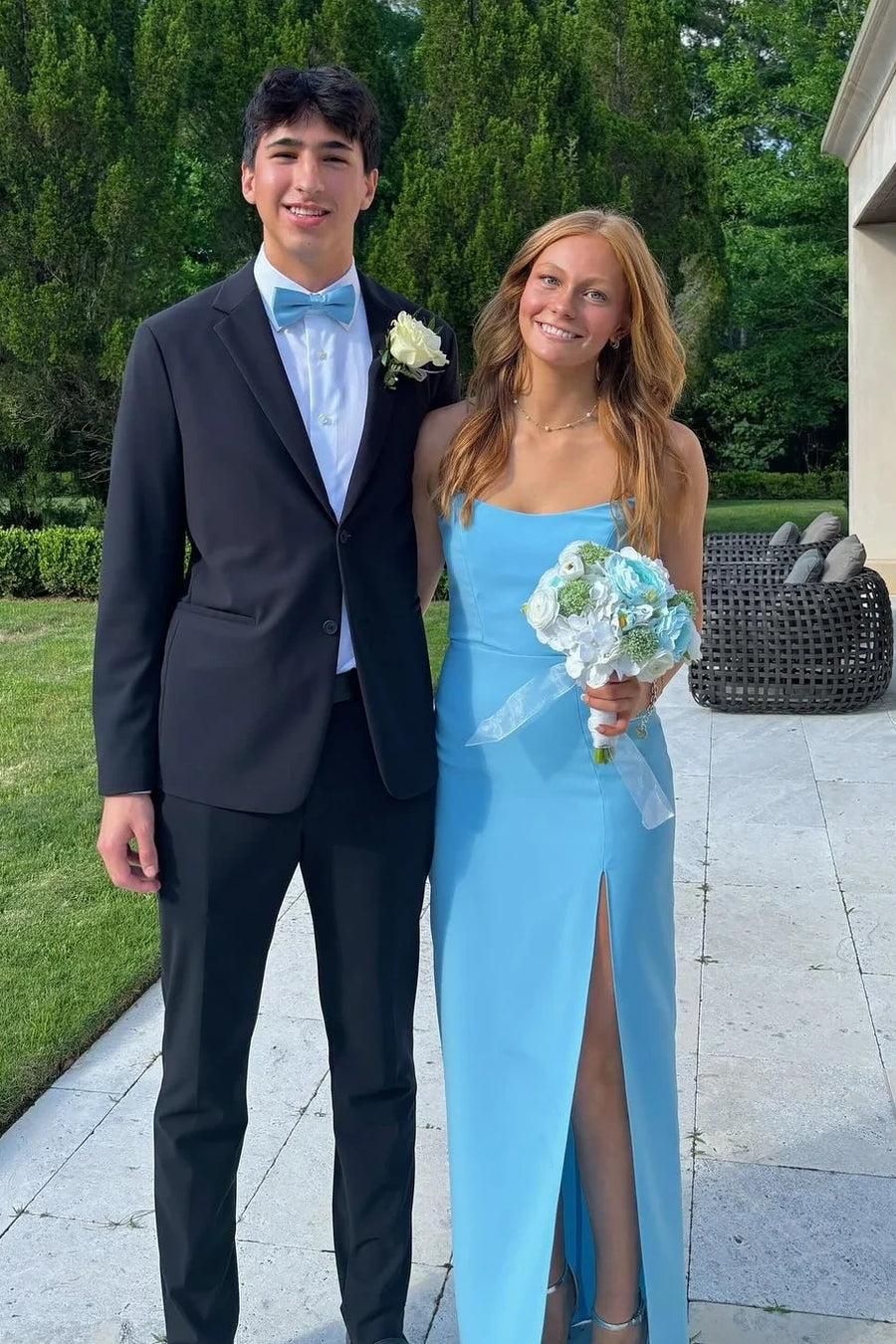 Bateau Strapless Satin Fitted Side Slit Long Party Prom Dress