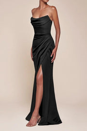 Bateau Strapless Satin Long Bridesmaid Dress With Side Slit