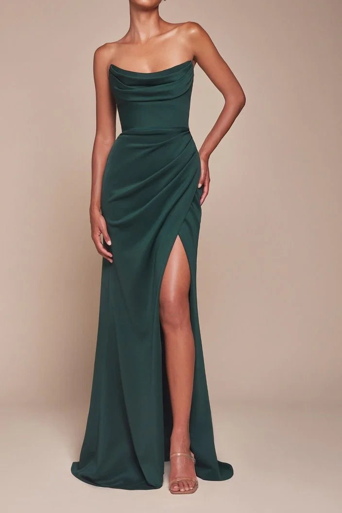 Bateau Strapless Satin Long Bridesmaid Dress With Side Slit