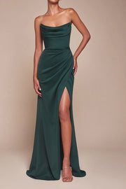 Bateau Strapless Satin Long Bridesmaid Dress With Side Slit