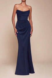 Bateau Strapless Satin Long Bridesmaid Dress With Side Slit