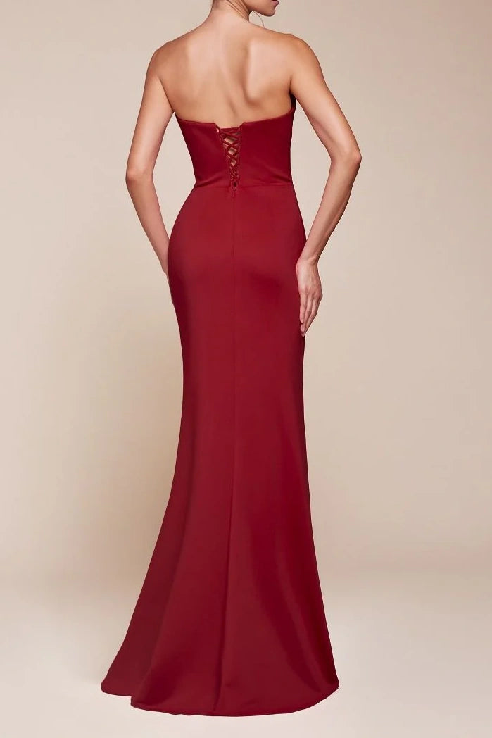 Bateau Strapless Satin Long Bridesmaid Dress With Side Slit