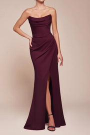 Bateau Strapless Satin Long Bridesmaid Dress With Side Slit