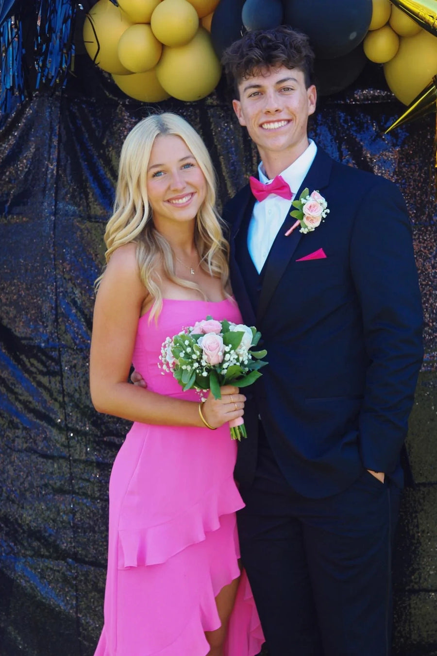 Bateau Strapless Satin Prom Party Dress With Ruffle And Side Slit