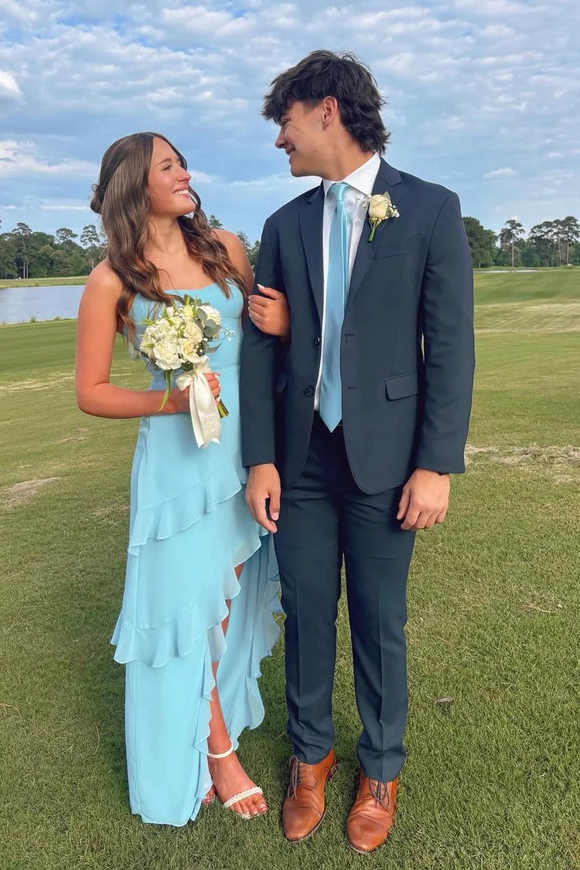 Bateau Strapless Satin Prom Party Dress With Ruffle And Side Slit