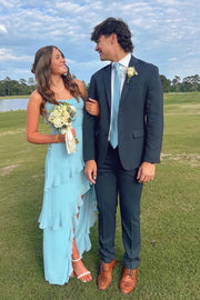 Bateau Strapless Satin Prom Party Dress With Ruffle And Side Slit