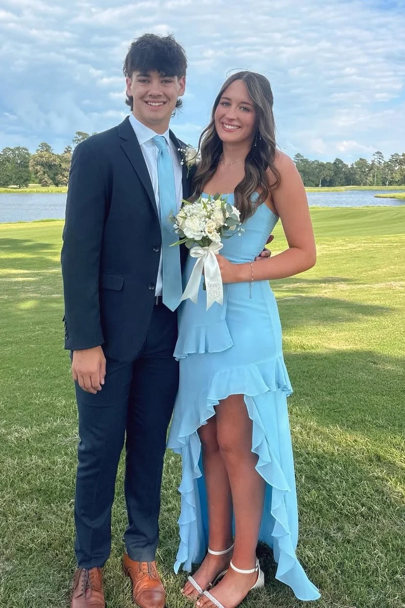 Bateau Strapless Satin Prom Party Dress With Ruffle And Side Slit