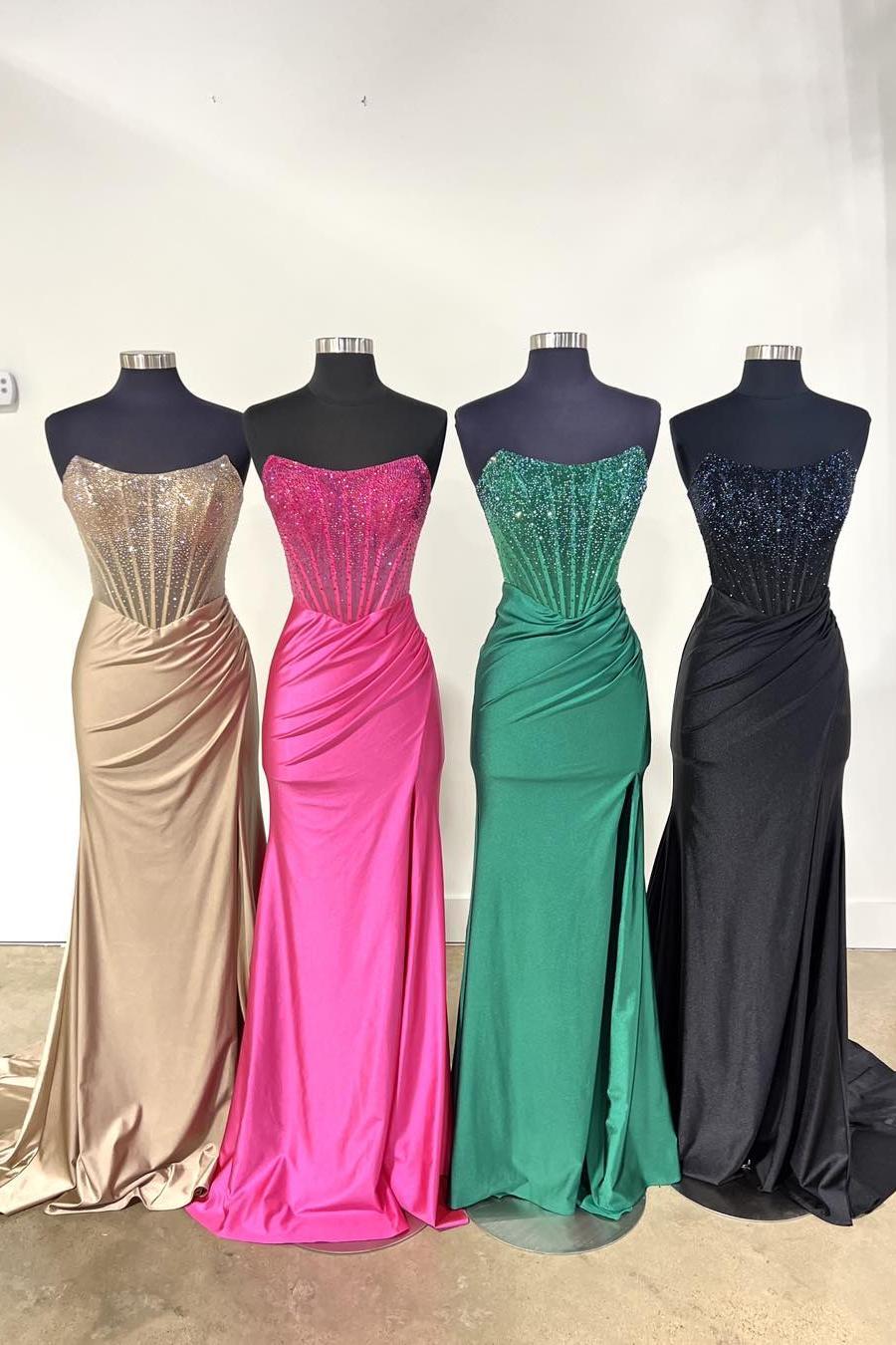 Bateau Strapless Satin Trumpet Beaded Prom Dress With Side Slit