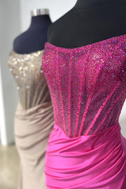 Bateau Strapless Satin Trumpet Beaded Prom Dress With Side Slit