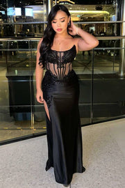 Bateau Strapless Sheer Empire Mermaid Formal Dress For Black Girls