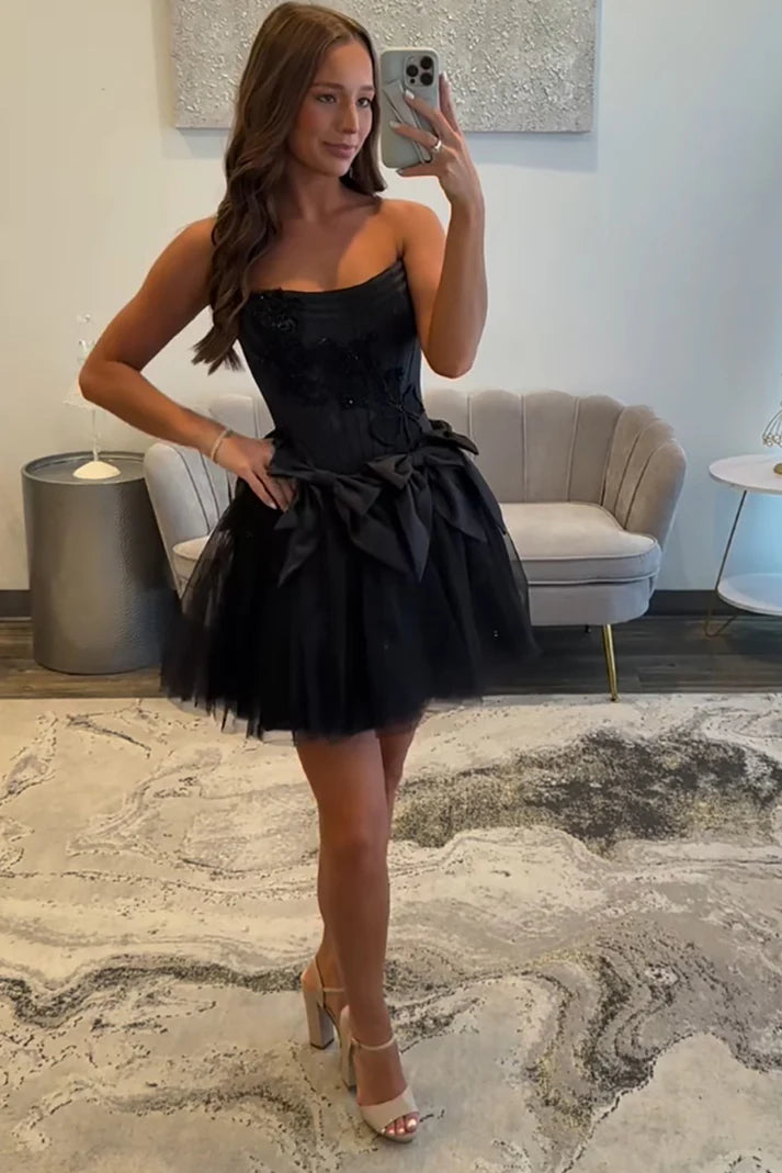 empire waist homecoming dress Bateau Strapless Two Tone A-Line With Bow Black / US 6 Searchspring Color:Black Blissful Mini Dress Black Evening Party Color:lilac