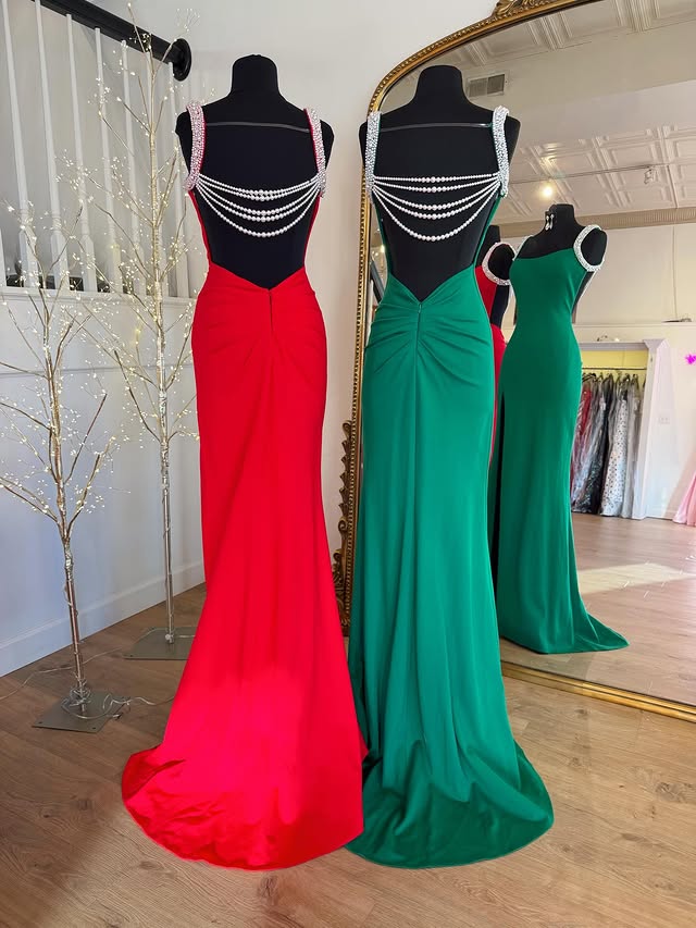 Bateau Straps Satin Open Back Mermaid Party Prom Dress