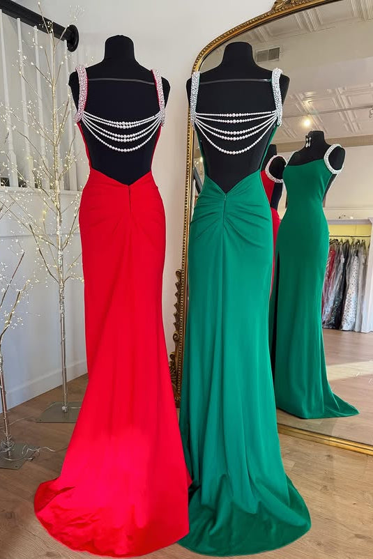 Bateau Straps Satin Open Back Mermaid Party Prom Dress
