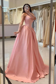 Beaded Bateau Strapless Satin A-Line Long Party Prom Dress