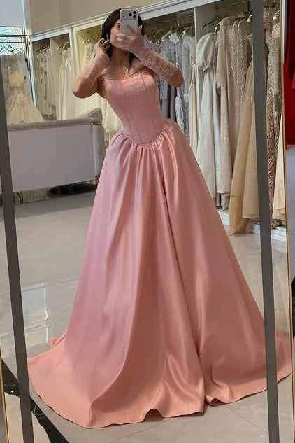 Beaded Bateau Strapless Satin A-Line Long Party Prom Dress