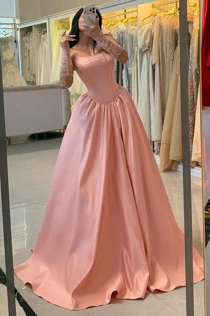 Beaded Bateau Strapless Satin A-Line Long Party Prom Dress