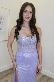 Beaded Bateau Strapless Sequin Party Prom Dress With Slit