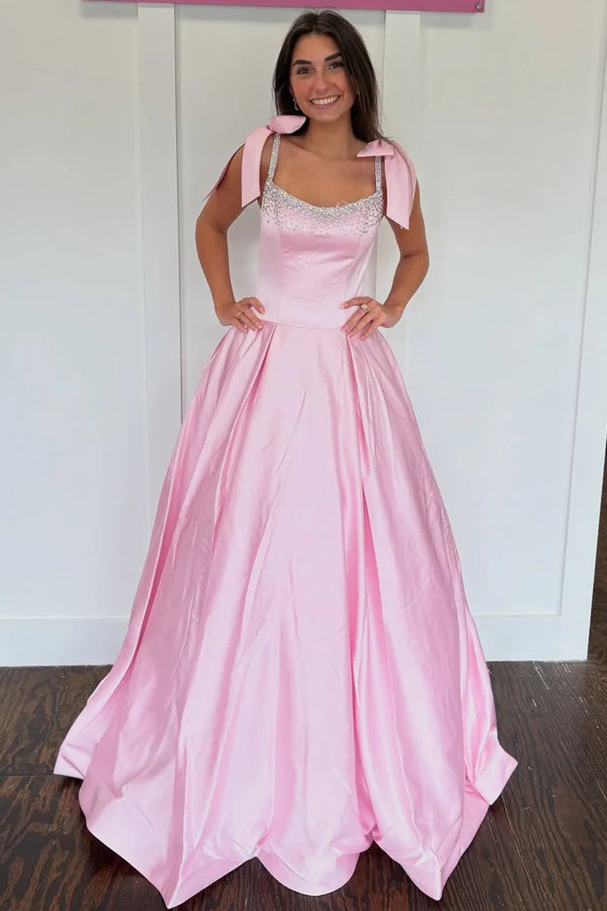 Beaded Bateau Straps A-Line Empire Long Party Prom Dress