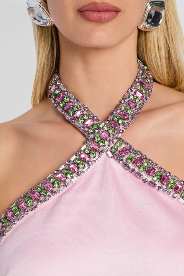 Beaded Halter Backless Satin Sheath Mini Party Evening Dress