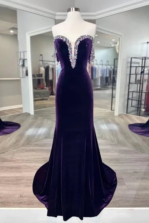 Beaded Off-Shoulder Empire Velvet Mermaid Party Prom Dress