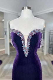 Beaded Off-Shoulder Empire Velvet Mermaid Party Prom Dress