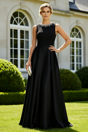 Beaded Round Sleeveless Satin A-Line Empire Long Mother Of The Bride Dress