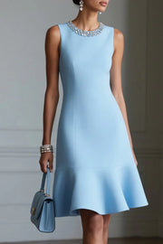 Beaded Round Sleeveless Satin Short Cocktail Party Dress