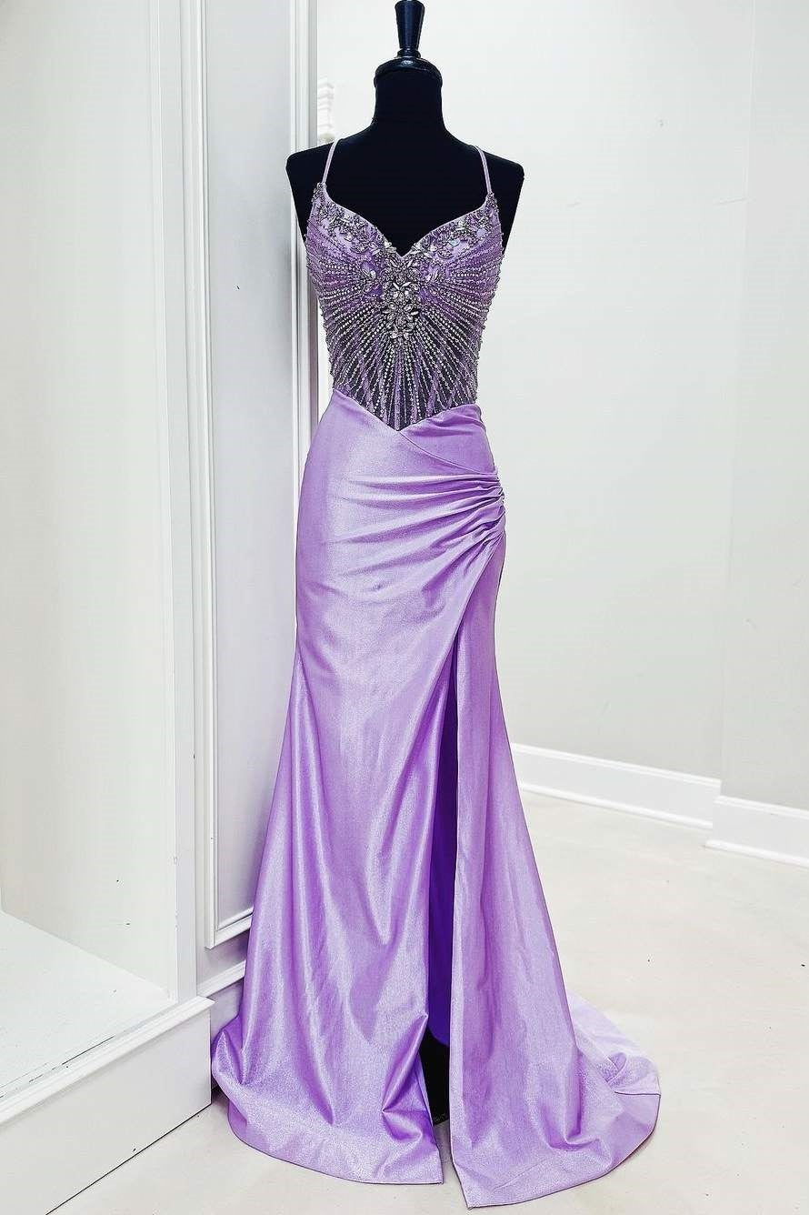 Beaded Spaghetti Straps Mermaid Party Prom Dress With Slit