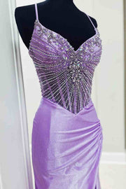 Beaded Spaghetti Straps Mermaid Party Prom Dress With Slit