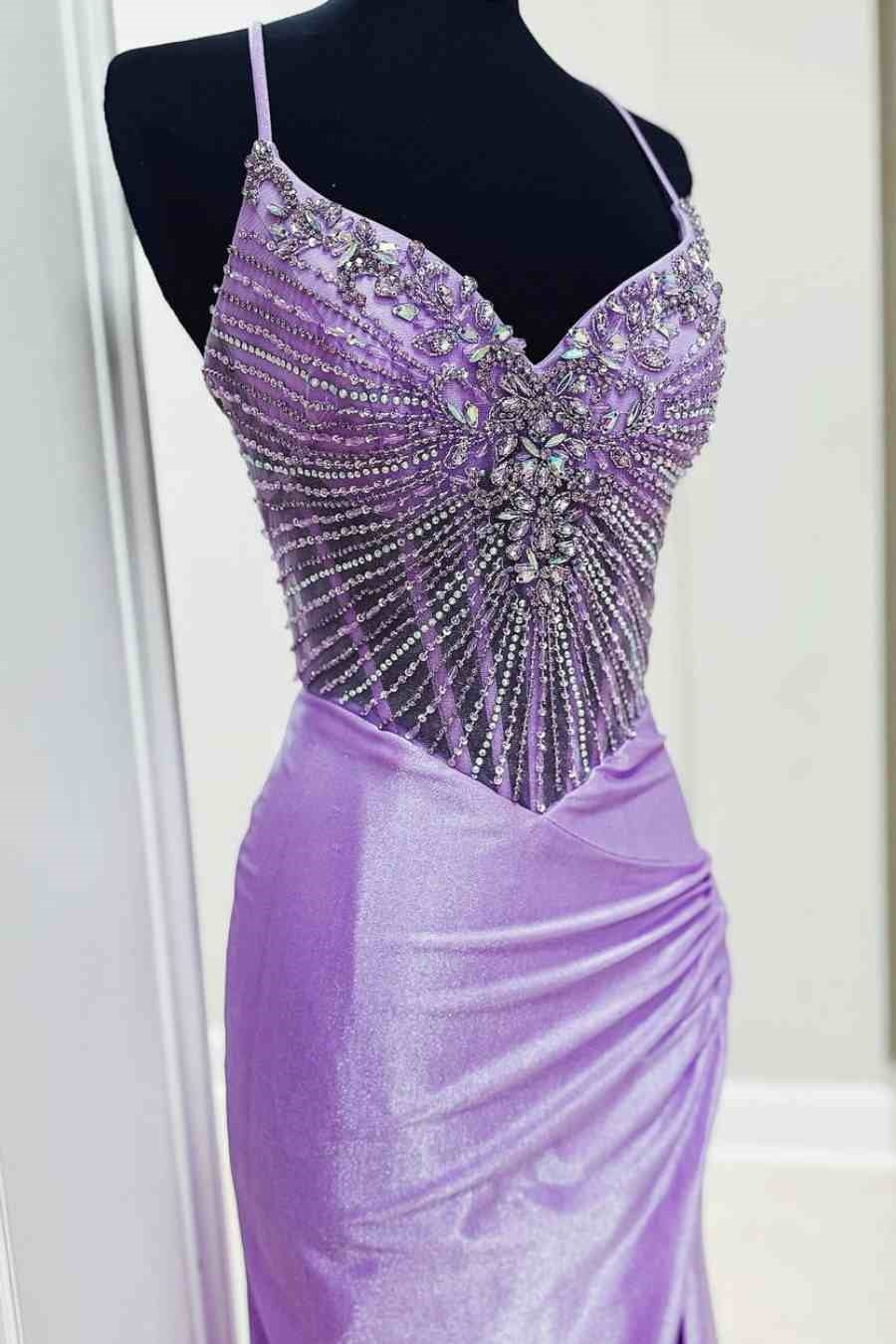 Beaded Spaghetti Straps Mermaid Party Prom Dress With Slit