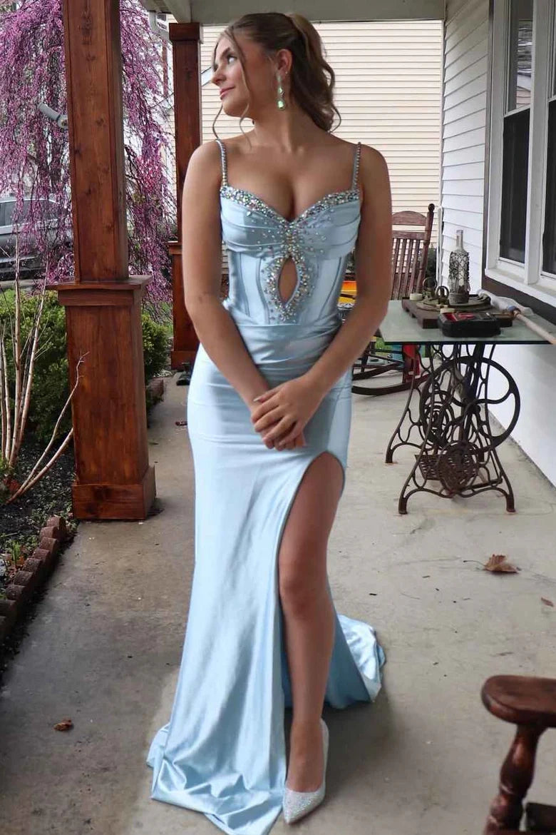 Beaded Spaghetti Straps Mermaid Satin Party Prom Dress