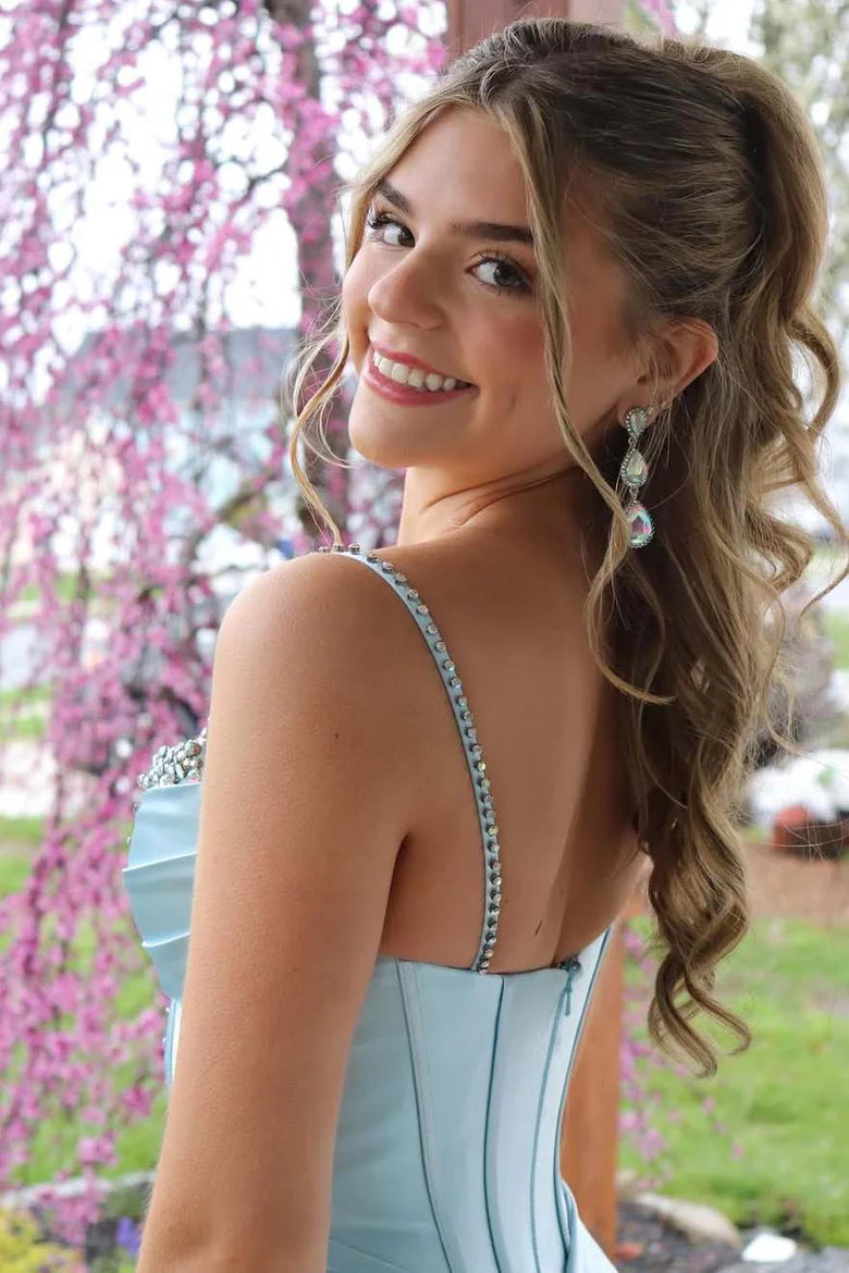 Beaded Spaghetti Straps Mermaid Satin Party Prom Dress