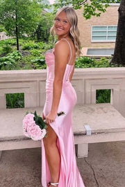 Beaded Spaghetti Straps Mermaid Satin Party Prom Dress