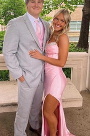 Beaded Spaghetti Straps Mermaid Satin Party Prom Dress